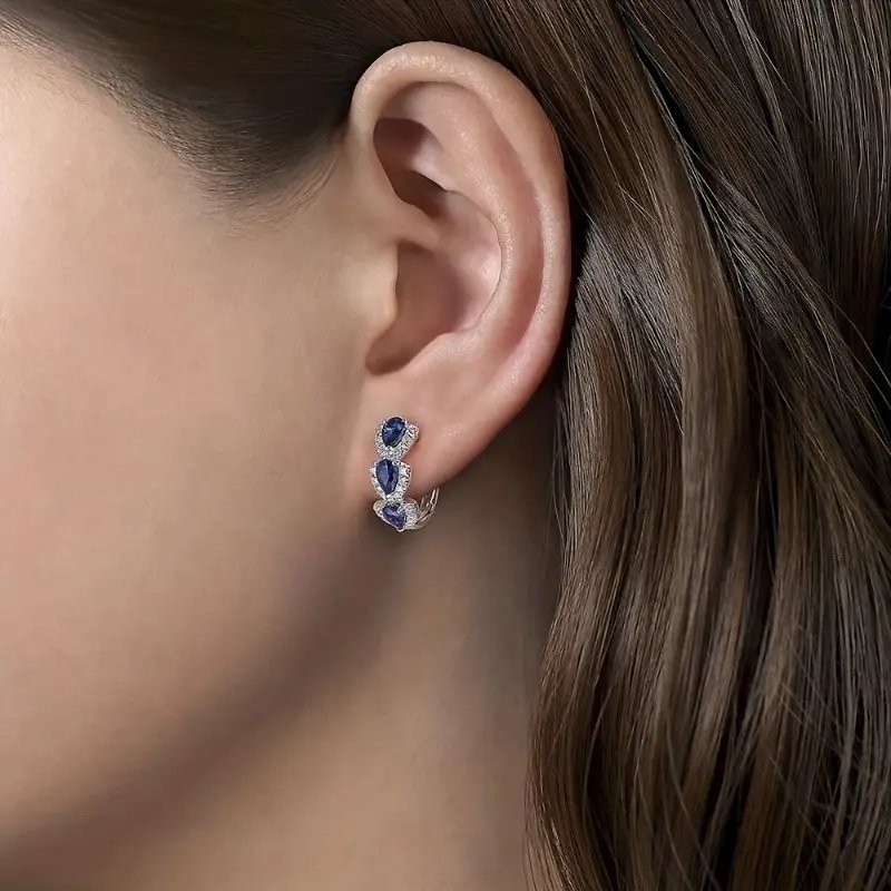 Sterling Silver Pear-Cut Sapphire Diamond Halo Hoop Earrings