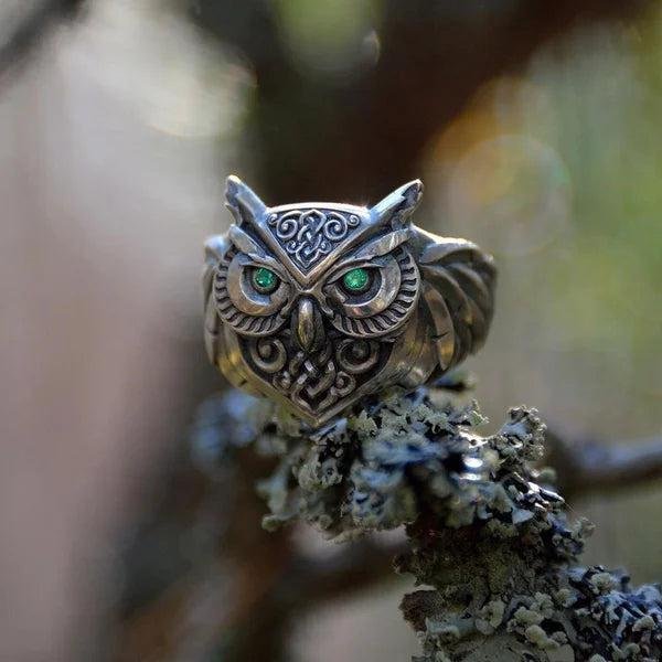 Sterling Silver Owl Ring with Emerald Eyes