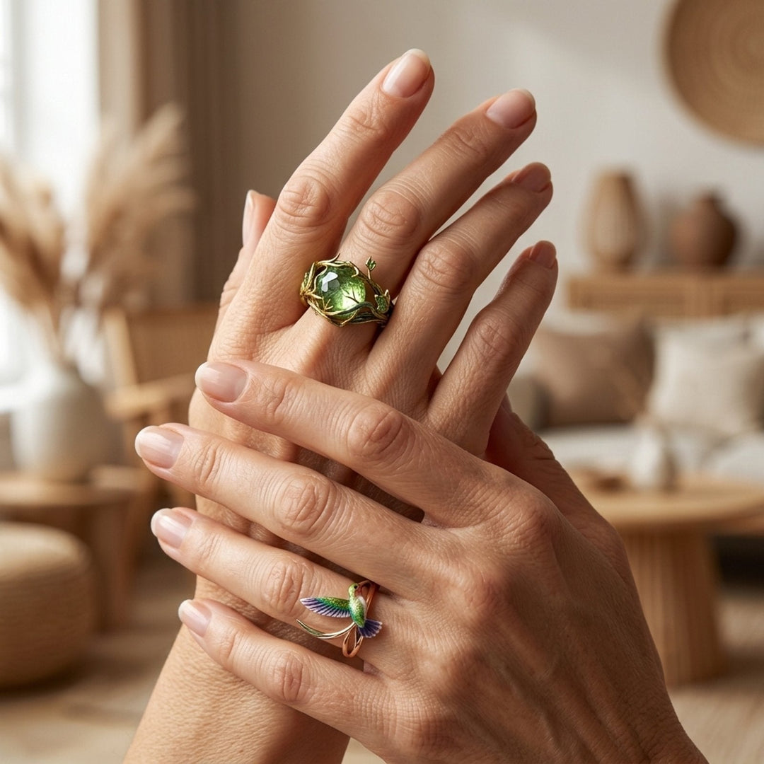 Enamel Hummingbird Hoops &amp; Leaf Ring Set