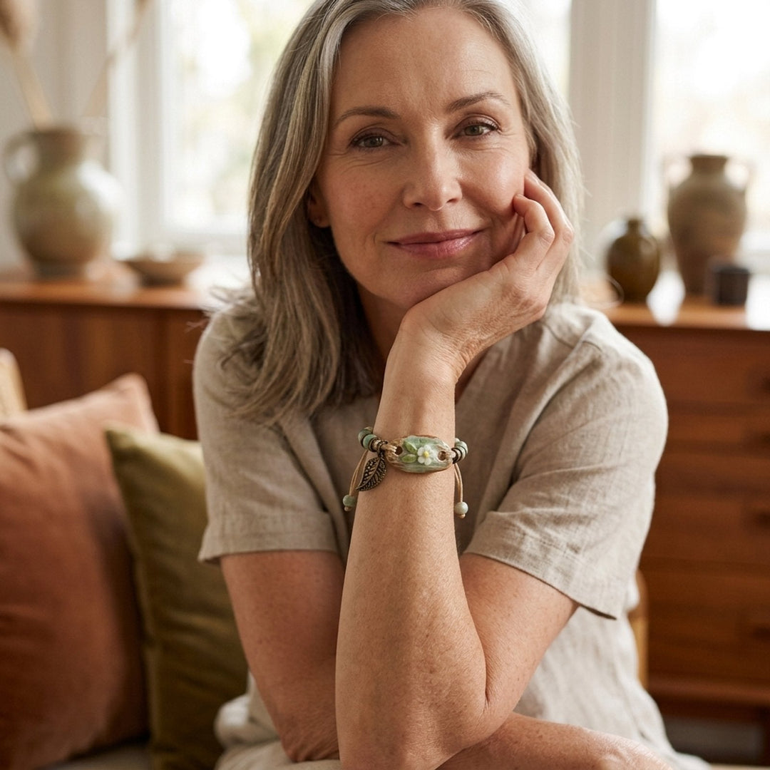 Adjustable Cord Ceramic Floral Charm Bracelet