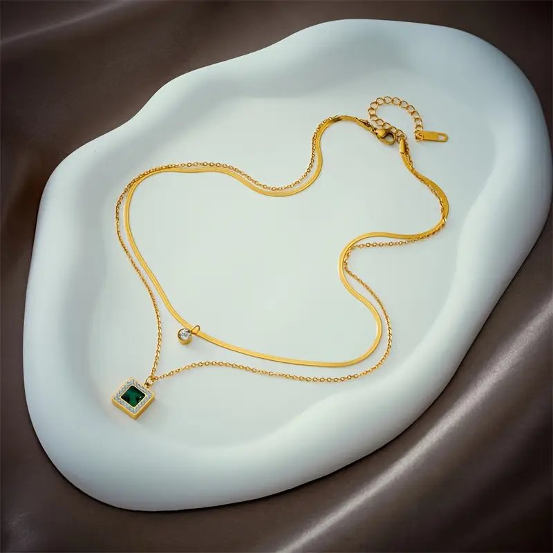 Layered Chain Square Pendant Necklace
