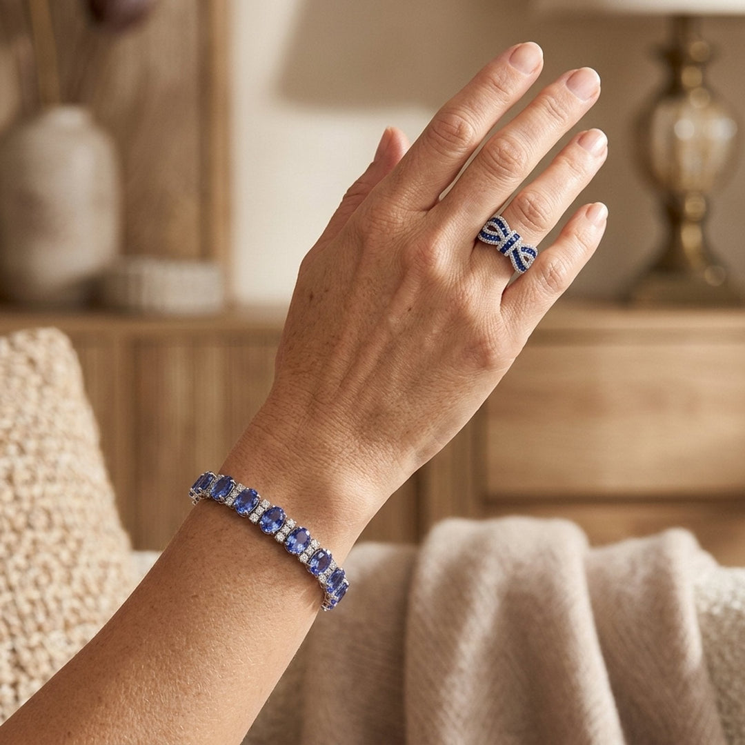 Oval &amp; Round Cut Tanzanite Bracelet + Sapphire Ring Set