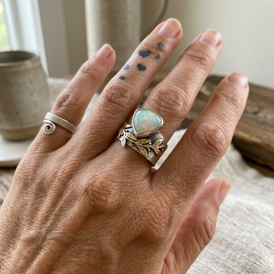 Teardrop Opal Sterling Silver Leaf Ring
