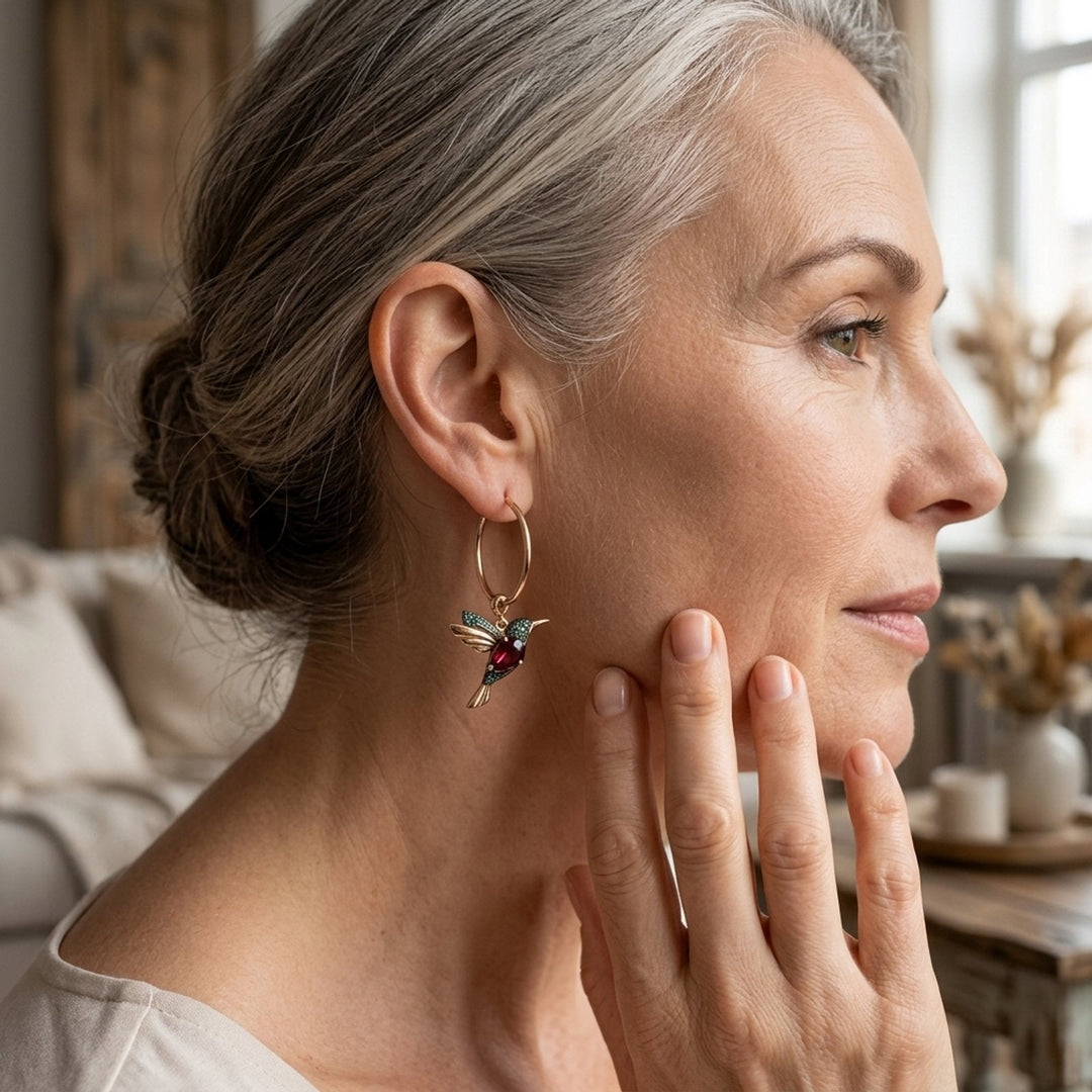 Gold-Plated Hummingbird Charm Hoop Earrings