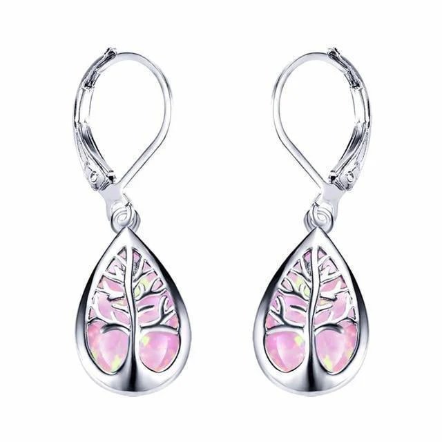 Teardrop Opal Tree-of-Life Sterling Silver Drop Earrings
