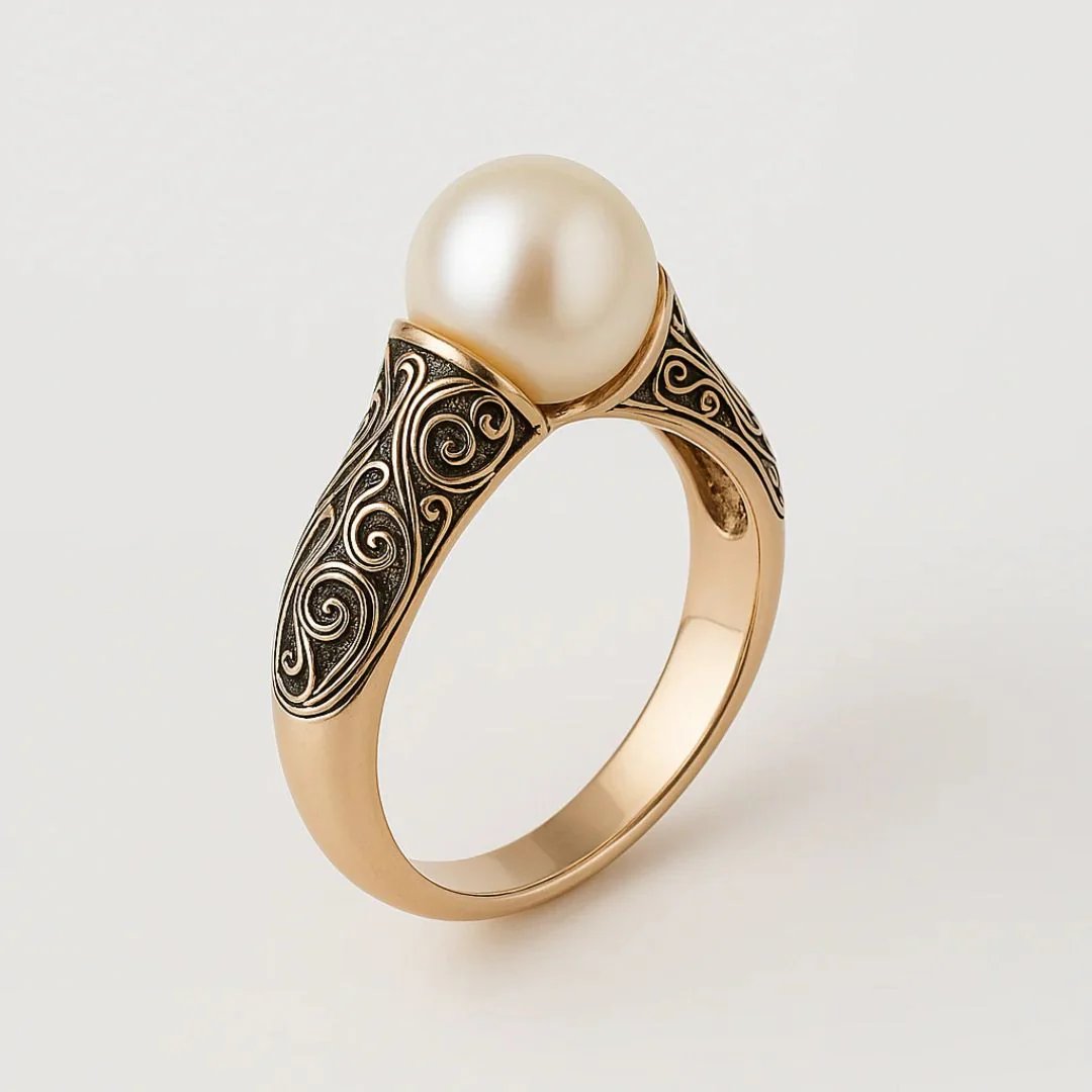 Gold Filigree Engraved Pearl Ring