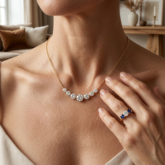 Three-Stone Sapphire Ring &amp; Diamond Curved Necklace Set