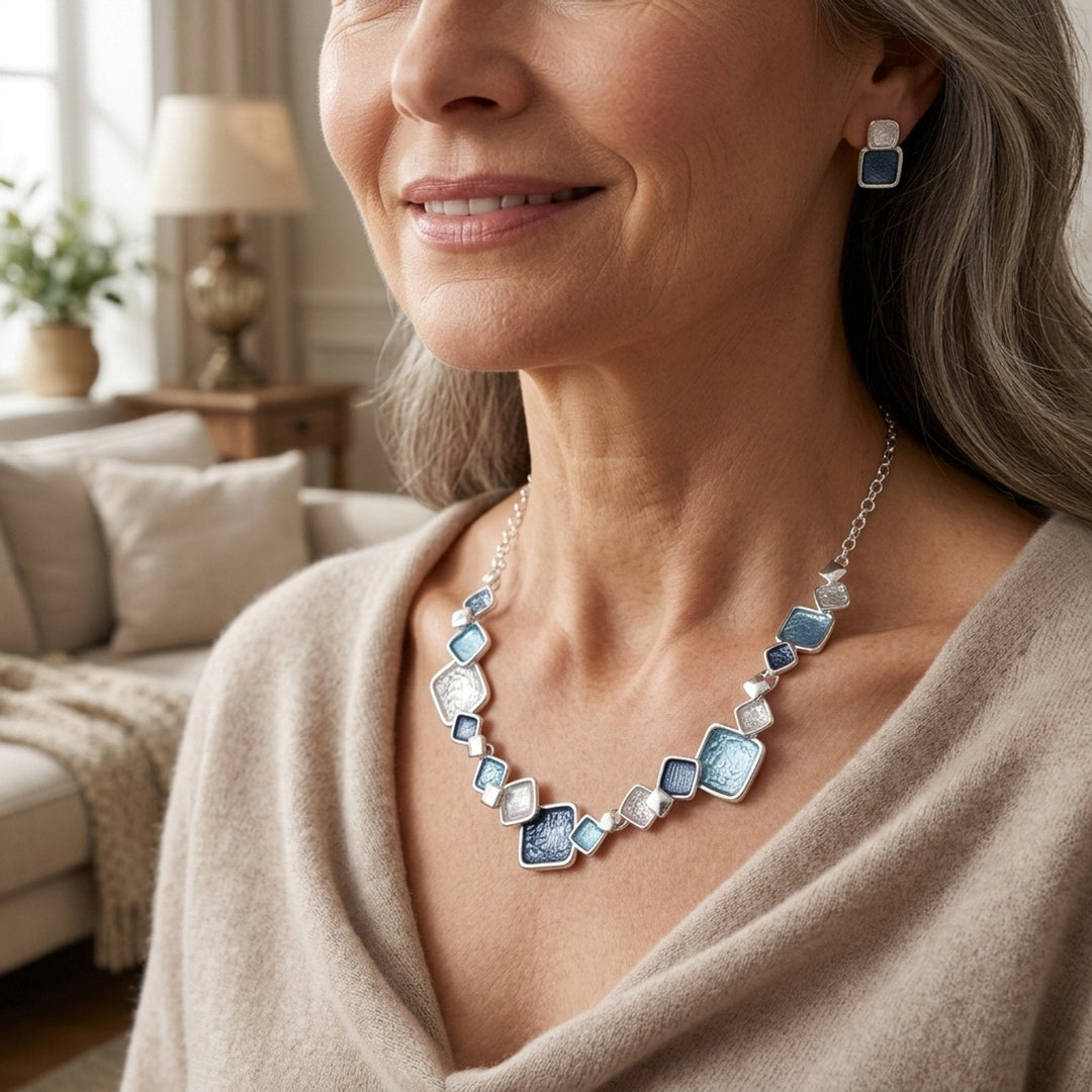 Square Enamel Sterling Silver Necklace Set