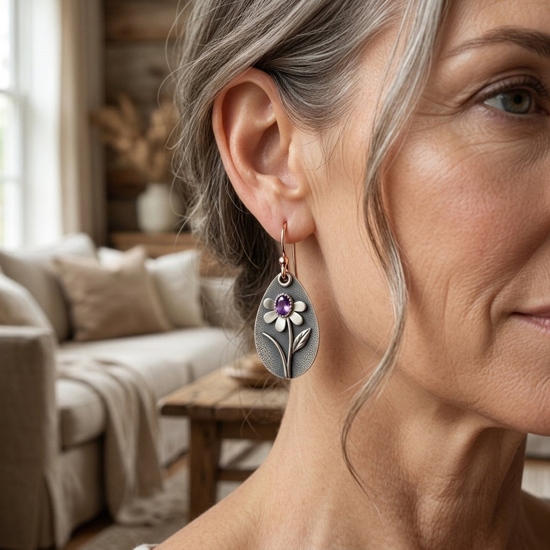 Textured Mixed Metal Gemstone Drop Earrings