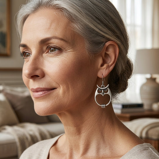Silver-Toned Owl Design Hook Earrings