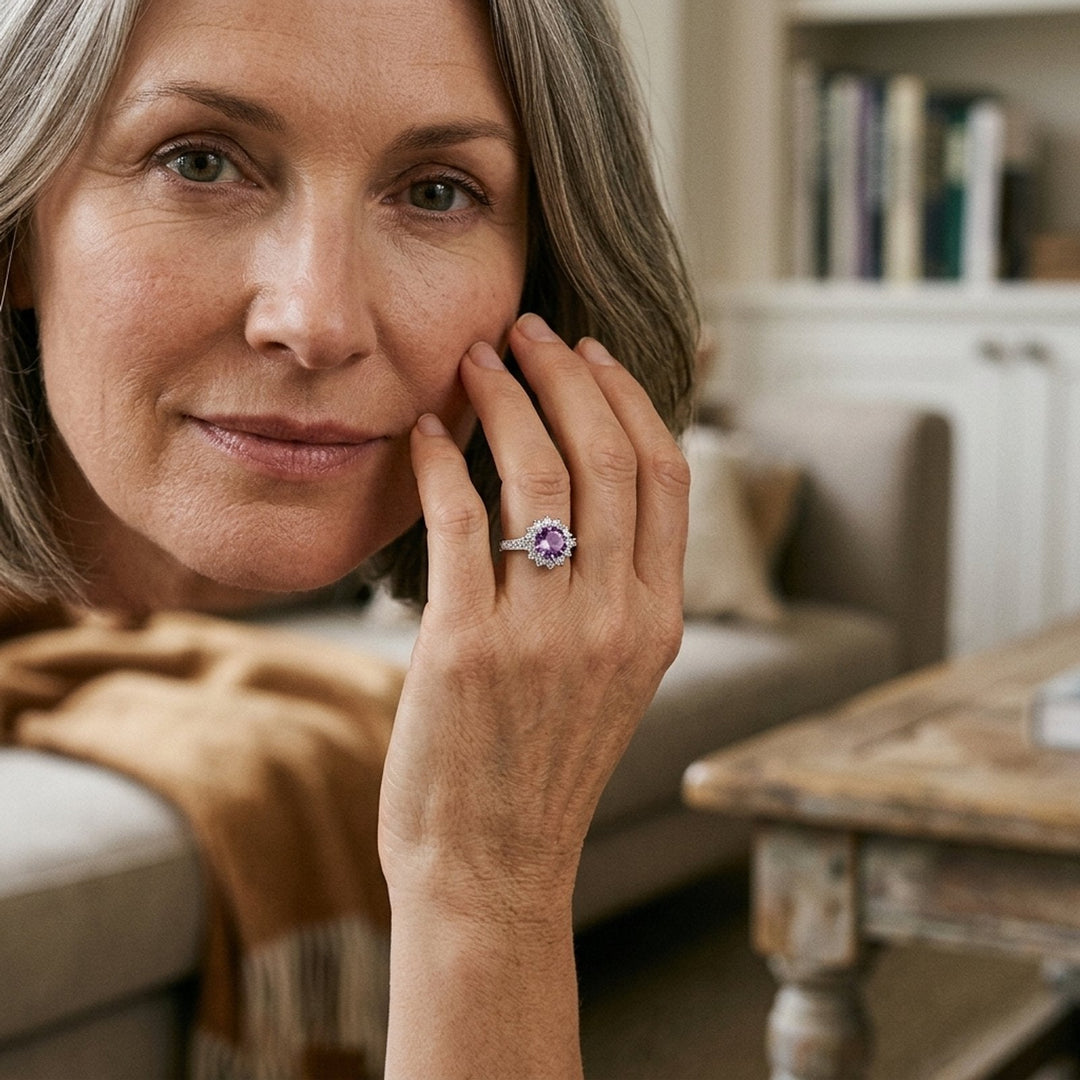 Oval Amethyst Halo Sterling Silver Ring