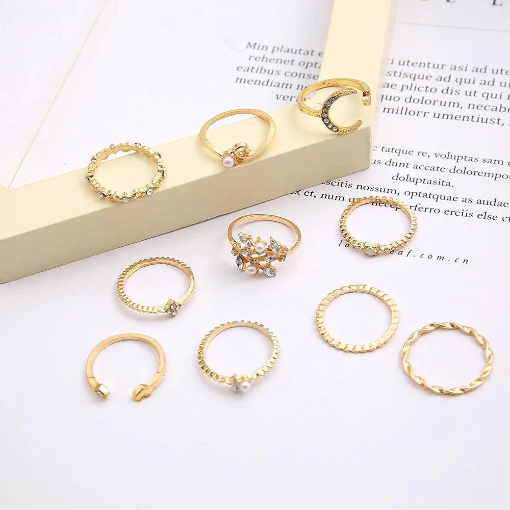 Gold-Plated Stackable Ring Set with Rhinestone Details
