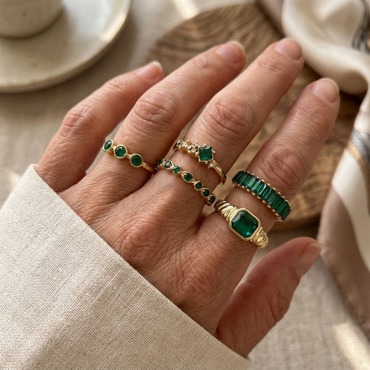 Gold-Plated Emerald Stone Ring Set