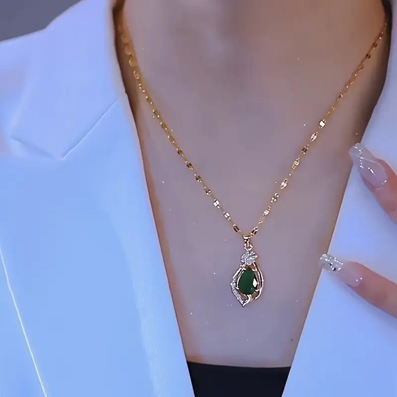 18K Gold Plated Emerald Teardrop Pendant
