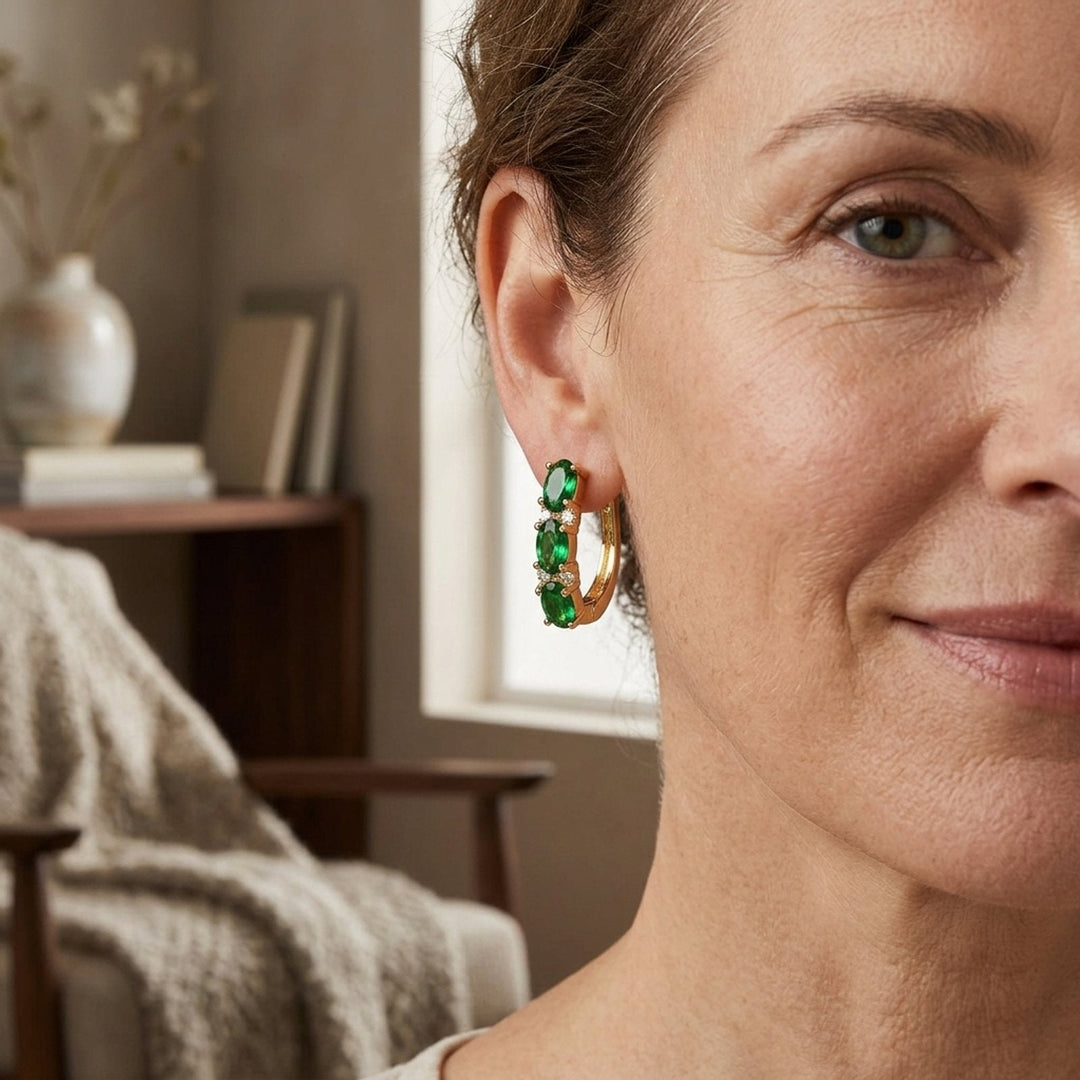 Oval Cut Gemstone Vertical Hoop Earrings