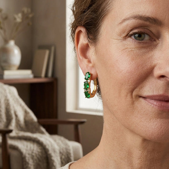 Oval Cut Gemstone Vertical Hoop Earrings
