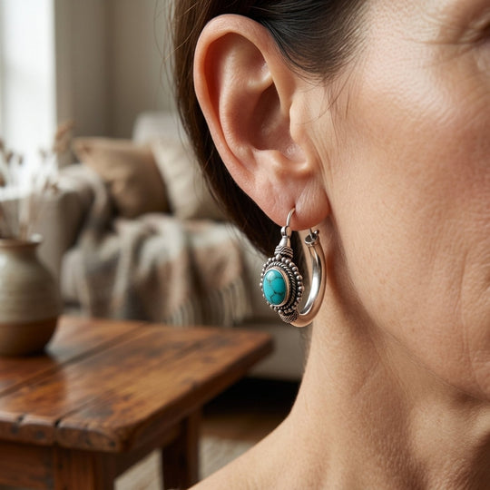 Sterling Silver Rope-Textured Turquoise Hoop Earrings