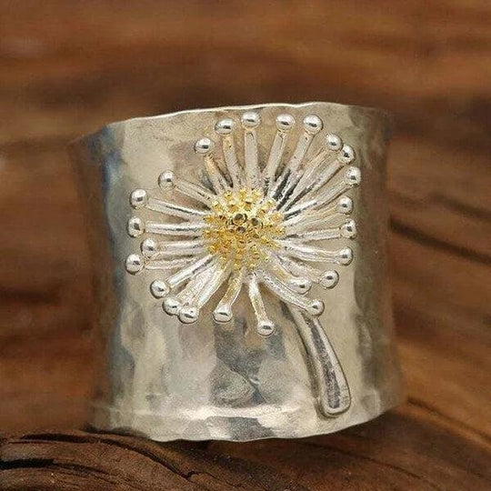 Hammered Silver Daisy Wide Band Ring