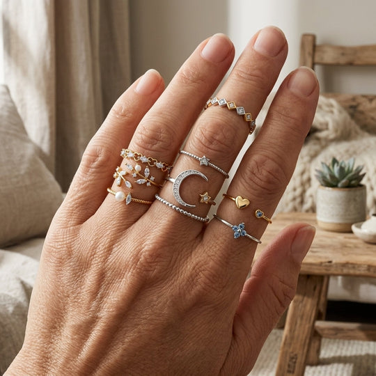 Gold-Plated Stackable Ring Set with Rhinestone Details