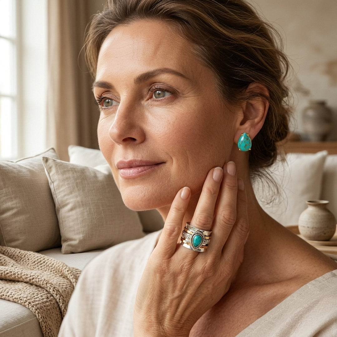 Turquoise Stone Ring and Teardrop Stud Earrings Set