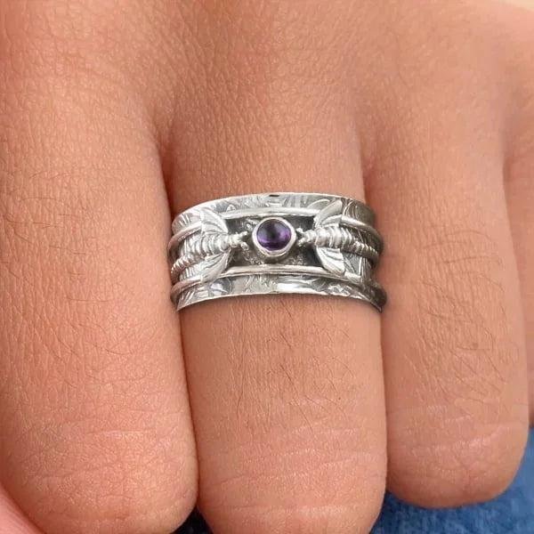 Sterling Silver Amethyst Feather Spinner Ring