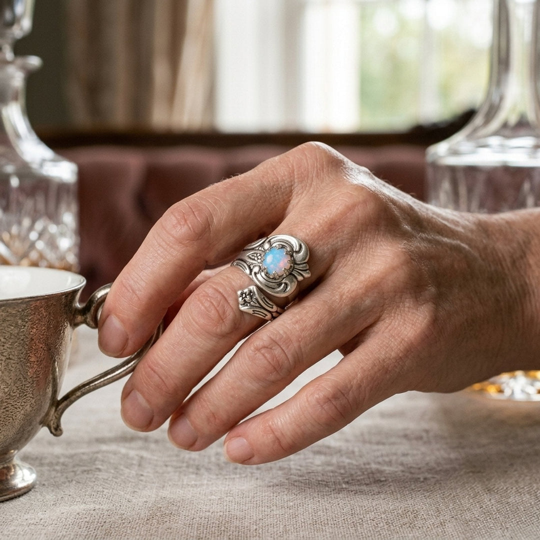 Adjustable Sterling Silver Opal Spoon Ring