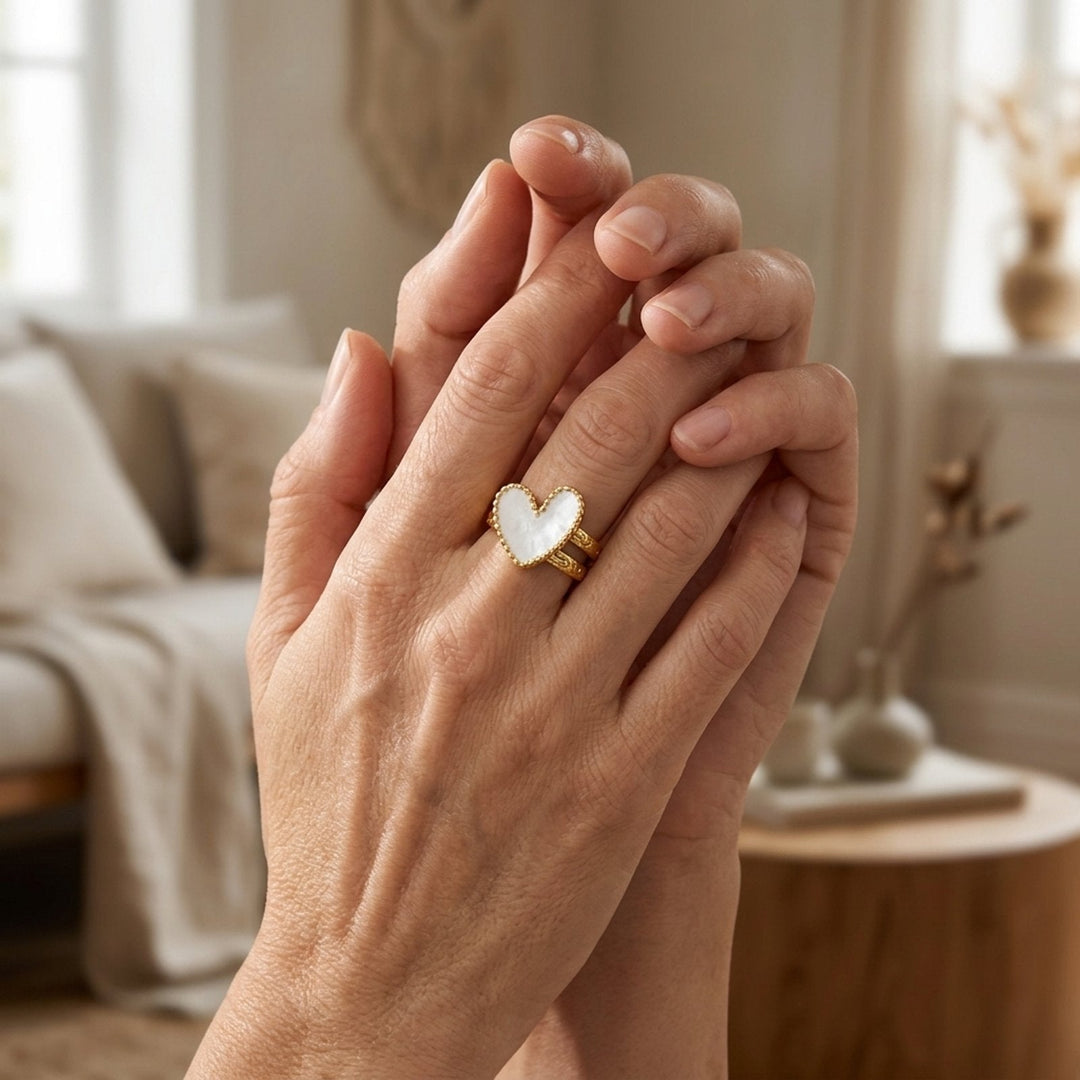 Adjustable Gold-Plated Mother-of-Pearl Heart Ring
