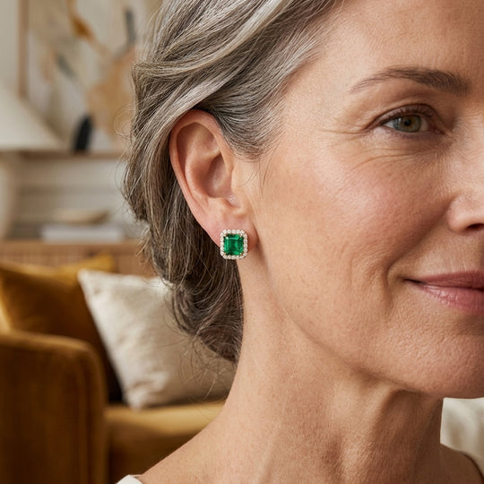 Emerald Cut Halo Diamond Stud Earrings