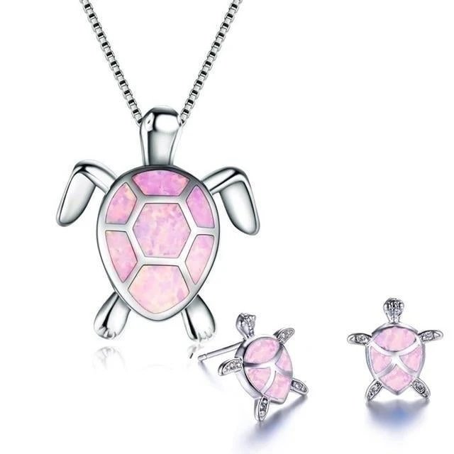Opal Inlay Sterling Silver Sea Turtle Jewelry Set