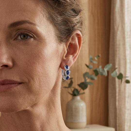 Sterling Silver Pear-Cut Sapphire Diamond Halo Hoop Earrings