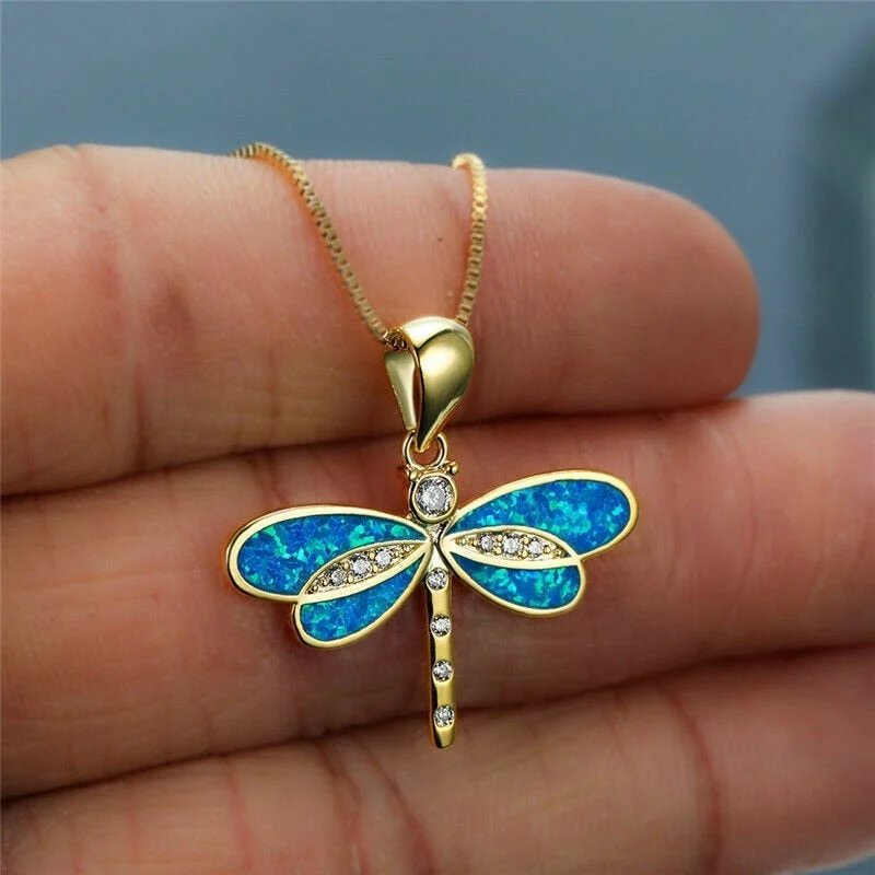 Opal Inlay Gold-Plated Dragonfly Pendant Necklace