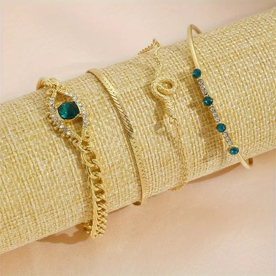 Gold-Plated Emerald Chain Bracelet Set
