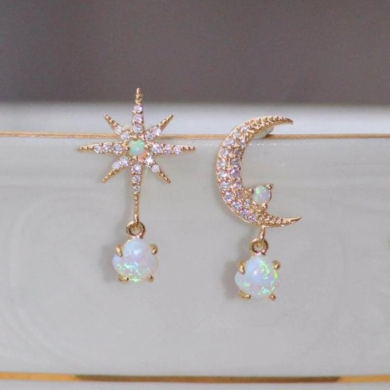 Gold-Plated Opal Drop Moon Star Earrings