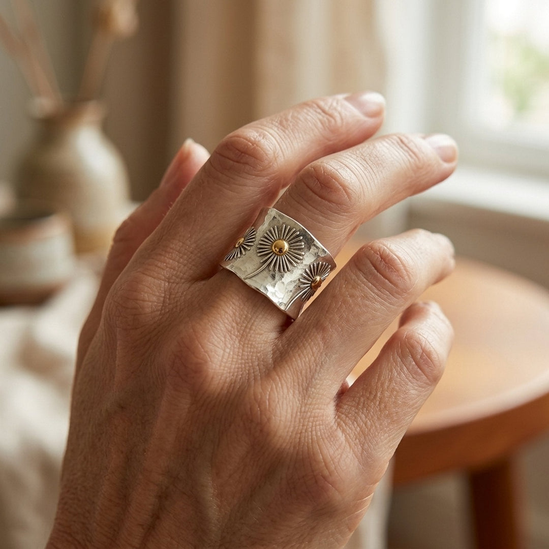 Hammered Silver Daisy Wide Band Ring