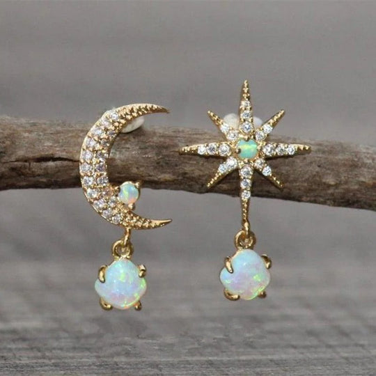 Gold Plated Opal Moon Star Dangle Earrings