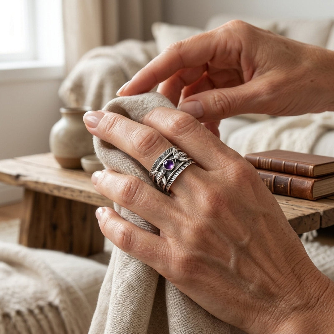 Sterling Silver Amethyst Feather Spinner Ring