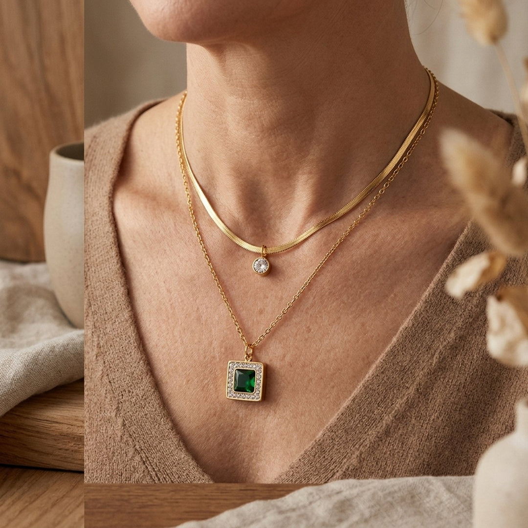Layered Chain Square Pendant Necklace
