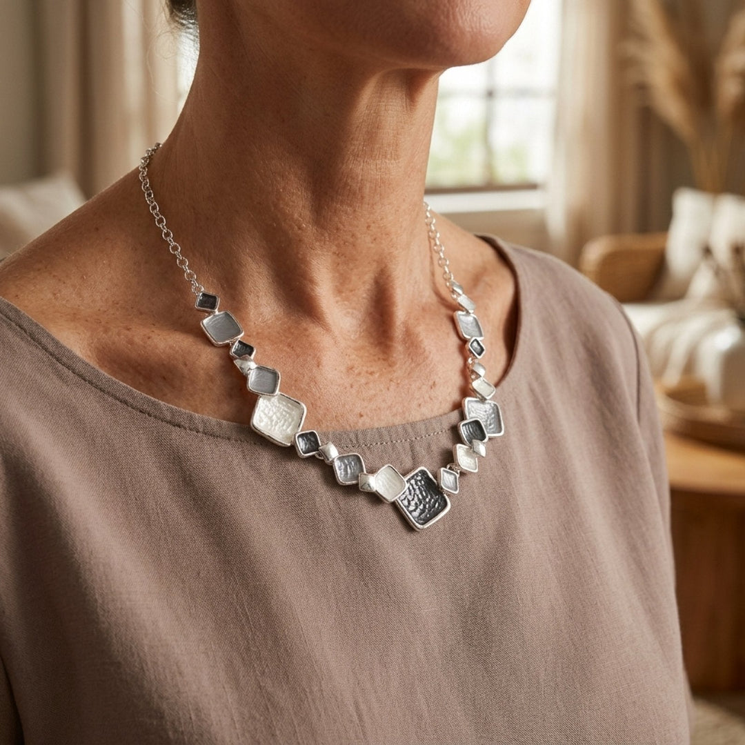 Sterling Silver Geometric Square Chain Jewelry Set