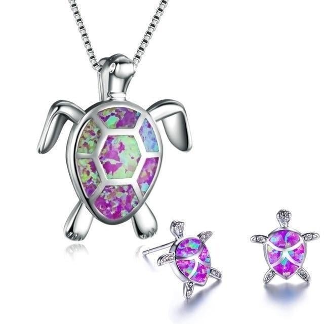 Opal Inlay Sterling Silver Sea Turtle Jewelry Set