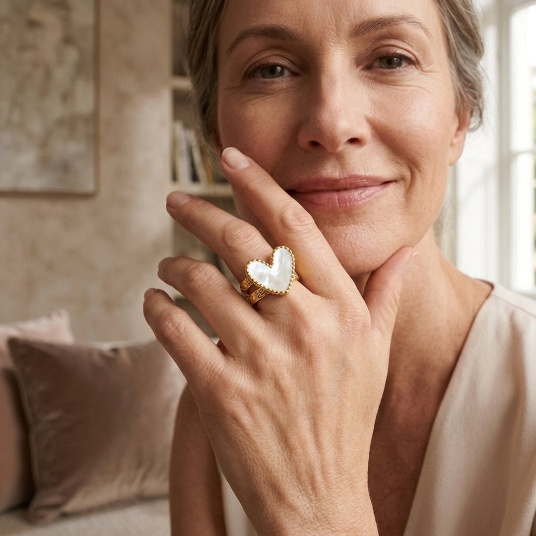 Adjustable Gold-Plated Mother-of-Pearl Heart Ring