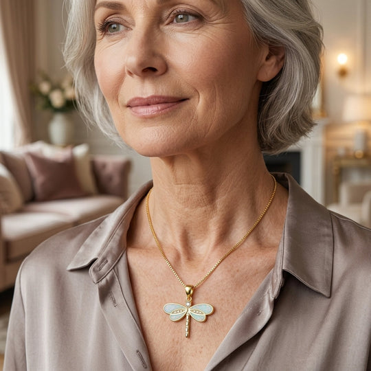 Opal Inlay Gold-Plated Dragonfly Pendant Necklace