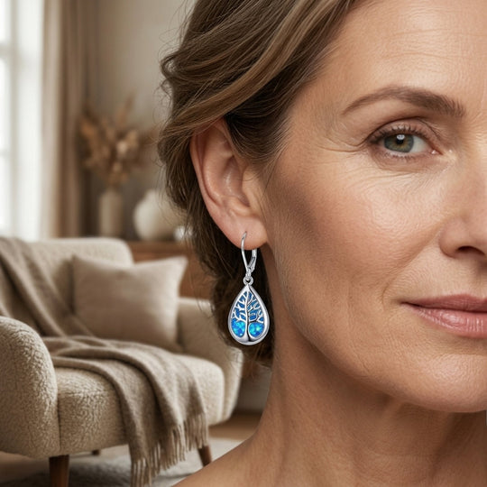Teardrop Opal Tree-of-Life Sterling Silver Drop Earrings